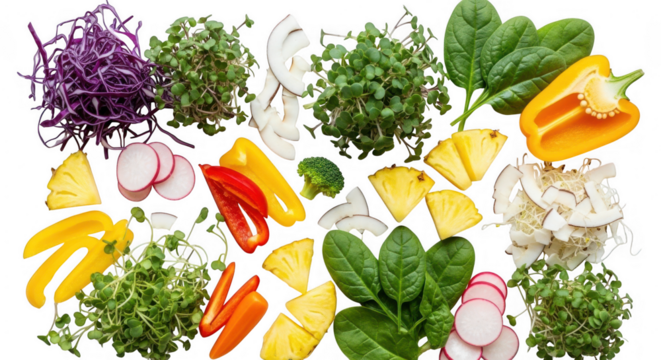 Assortment of fresh healthy fruits and vegetables isolated on transparent background - Powered by Adobe
