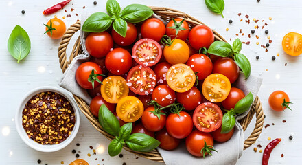 Vibrant harvest of cherry tomatoes and fresh basil in a woven basket against a clean white surface showcasing healthy