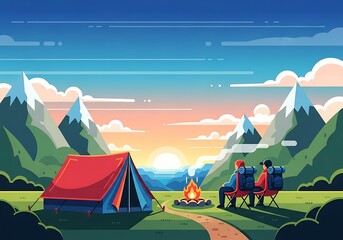 Serene Camping Adventure Illustration with Tent and Mountain Panorama