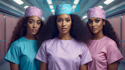Three Confident Female Surgeons in Colorful Scrubs and Patterned Surgical Caps