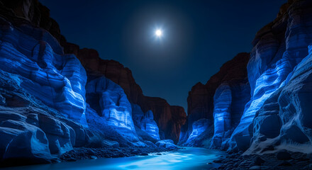 Moonlit canyon landscape revealing blue toned rock formations and a serene river passage under a night sky displaying