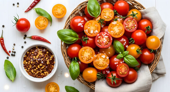 Artistic arrangement of fresh cherry tomatoes basil leaves and chili flakes creates an appetizing and vibrant still