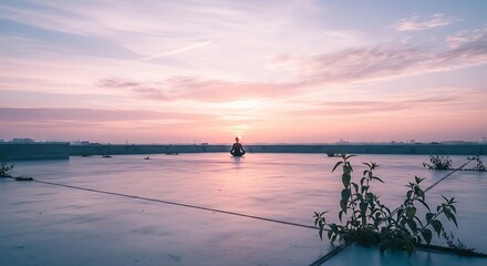 Serenity found on a rooftop: A meditative figure amidst the pastel dawn light, capturing tranquility and urban peace