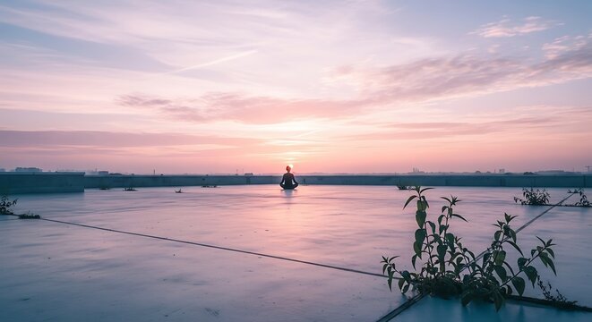 Serenity found on a rooftop: A meditative figure amidst the pastel dawn light, capturing tranquility and urban peace