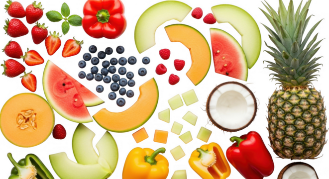 Assortment of fresh fruits and vegetables isolated on transparent background