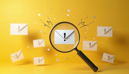 Magnifying glass examines email with exclamation mark. Many other mail icons float on yellow background. Security alert notification concept. Urgent message investigation. Important email review.