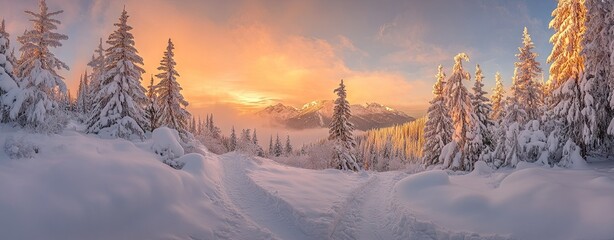 A panoramic view of snow-covered pine trees during sunrise
