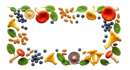 Frame of mushrooms, blueberries, almonds, and leaves isolated on transparent background