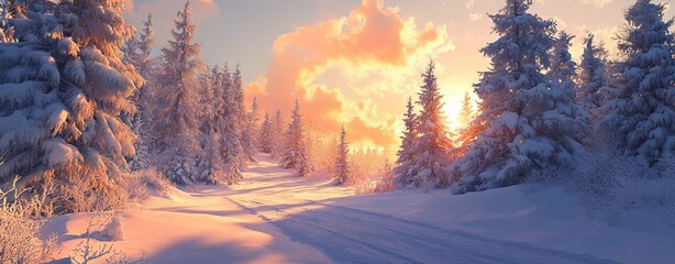 A panoramic view of snow-covered pine trees during sunrise