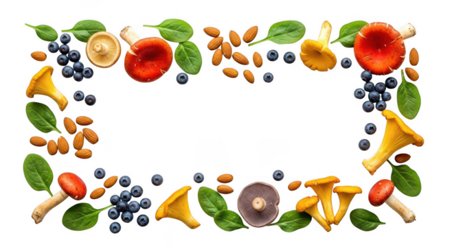 Frame of mushrooms, blueberries, almonds, and leaves isolated on transparent background