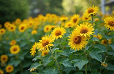 Fototapeta premium Jerusalem artichoke flowers bloom in garden. Yellow flowers with green leaves grow outdoor. Plants blossom in sunny day. Jerusalem artichoke garden in Moscow region Russia.