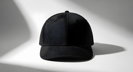 Minimalist presentation of a black baseball cap casting shadows against a bright neutral backdrop enhancing the cap's
