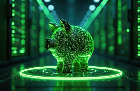 Cyber piggy bank glows green on circuit board platform. Futuristic digital coin box sits in dark server room. Tech finance and savings concept in neon light.