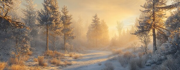A panoramic view of snow-covered pine trees in the winter landscape, with a soft sunrise casting golden light on the scene