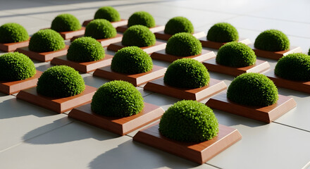 Organized moss balls on wooden stands display a precise and harmonious green arrangement under natural light casting