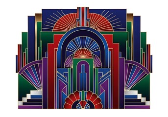 Symmetrical geometric arrangement with vibrant hues and linear elements