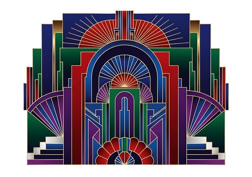 Symmetrical geometric arrangement with vibrant hues and linear elements