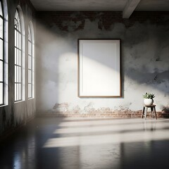 Sunlit industrial interior with frame and decorative plant on stool