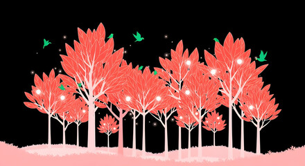 Enchanting illustration of a nocturnal forest with glowing coral-colored trees and whimsical green birds under a