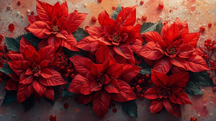 Luxurious Close-Up of Deep Red Poinsettias with Berries and Snow on a Festive Background