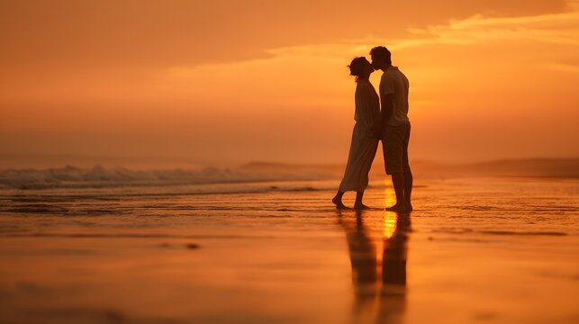 Romantic couple silhouetted against a vibrant orange sunset on a serene beach.