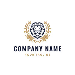 Majestic lion head logo design with laurel wreath and company name.
