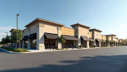 Naklejka premium Modern commercial center exterior. Shopping mall architecture with parking. Sunny day view building facade, design. Retail business construction suburban urban area. Empty shopping center provides