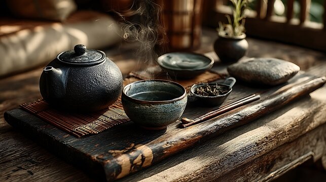 Bamboo teapot with steam high resolution picture