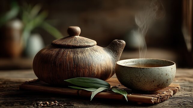 Bamboo teapot with warm tea beside window high resolution picture