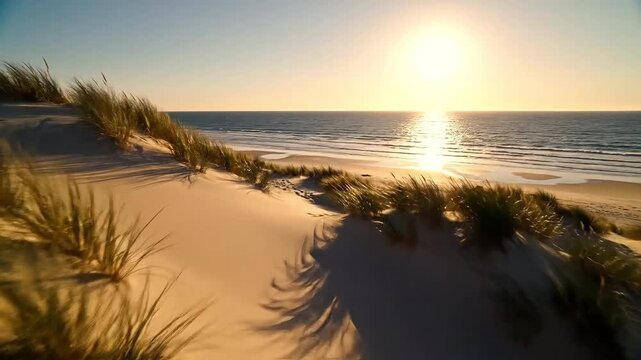Golden sun setting over a serene ocean horizon, casting warm light on sandy dunes with wispy grass.