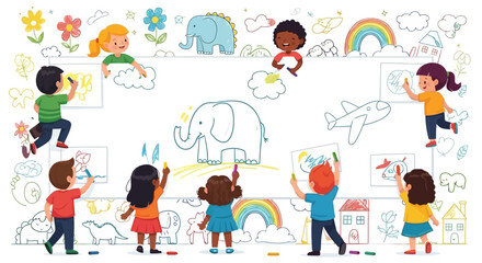 A diverse group of children enthusiastically drawing and coloring various images on a large canvas.