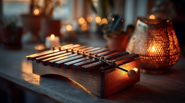 Bamboo thumb piano glowing warmly in rustic setting high resolution picture