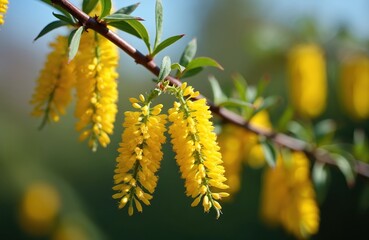 Yellow flowers hang from a branch in the garden. Tiny blossoms create long clusters. Green leaves grow nearby against a soft green and blue background.