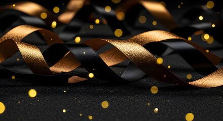 Sophisticated Intertwining of Gold and Black Ribbons on a Textured Surface with Soft Bokeh Lights creating a luxurious