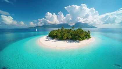 Aerial view of small green island with white sand beach and turquoise water. Sailboat on calm blue ocean horizon. Rich palm trees on shore, mountains in background.