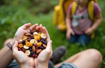 Hands hold mixed dried fruit and nuts. Person eats healthy snack sitting on green grass with blurred child in background. Outdoors food break.