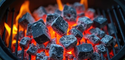 Close-up view of hot glowing charcoal briquettes on grill grates with orange flames. Cooking food over high heat, intense embers burn, BBQ preparation outdoor.