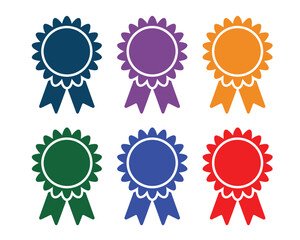 Award ribbon icon set featuring three colorful rosette badge designs perfect for certificates, achievements, competitions, digital graphics, and modern vector artwork.