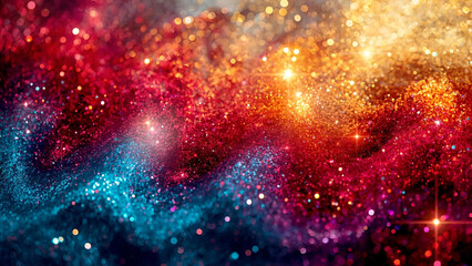 Cosmic Swirl of Red, Gold, and Teal Glitter Nebula Background