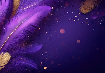 Obraz premium A purple background with feathers and glitter, in a carnival theme, with copy space on the right side