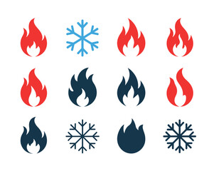 Fire snowflake icon pack vector design featuring minimalist flame symbols, cold weather snowflake elements, clean flat style shapes for modern infographic and UI artwork.