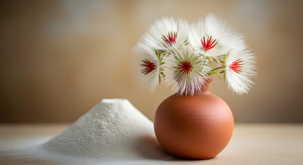 Delicate floral arrangement with fluffy blooms in a rustic terracotta vase amidst a subtle backdrop creating a