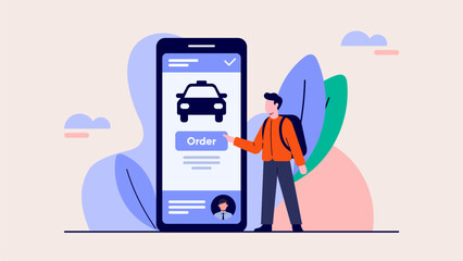 Traveler Ordering Online Taxi via Smartphone in Flat Pastel Illustration © adynue