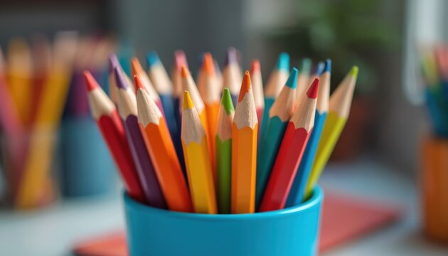 Colorful pencils in blue holder for art class or home drawing. Various colors are ready for creative expression and design. Used for school projects and artistic endeavors.