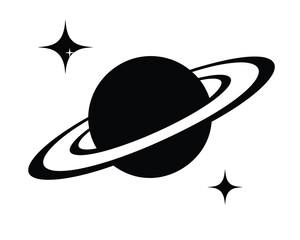Planet space ring icon design featuring minimalist black silhouette style, cosmic astronomy elements, shining stars, and clean modern graphic suitable for science illustrations.
