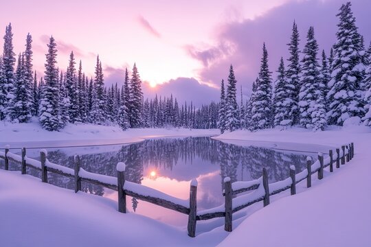 A serene winter landscape with snow-covered trees, reflecting in the calm lake surrounded by wooden fences