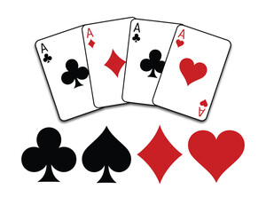 Playing cards suits icon set featuring four classic card symbols, bold casino style artwork, ideal for gaming illustrations and vector design projects.