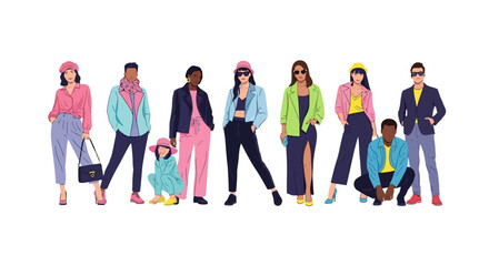 Obraz premium Fashionable group of diverse individuals showcasing modern clothing styles and accessories, embodying contemporary lifestyle trends