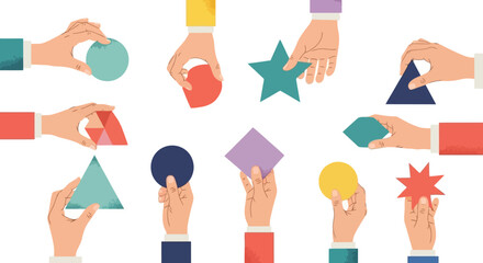 Diverse Hands Holding Various Geometric Shapes in a Colorful Illustration