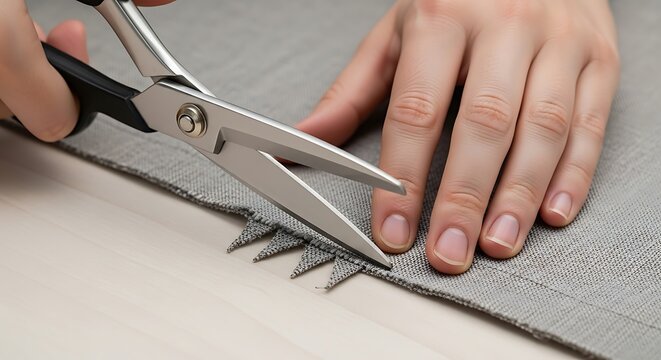Professional seamstress cutting fabric with scissors during tailoring process